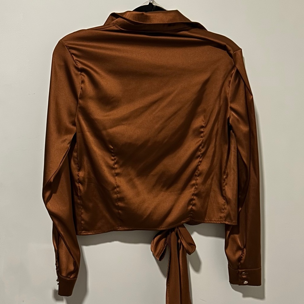 Brown Tie-Front Satin Blouse - Picture 2 of 4